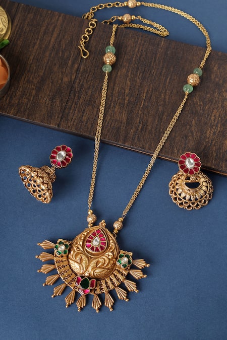 Mero Jewellery Gold Plated Zari Kundan Temple Tribal Pendant Necklace Set 