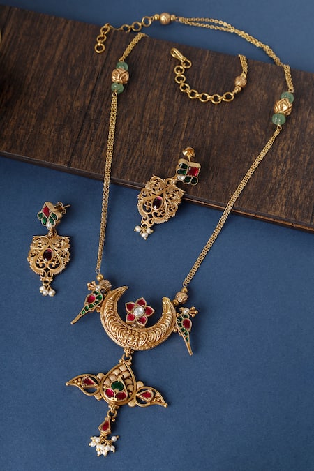 Mero Jewellery Gold Plated Stones Kundan Bird Pendant Necklace Set 