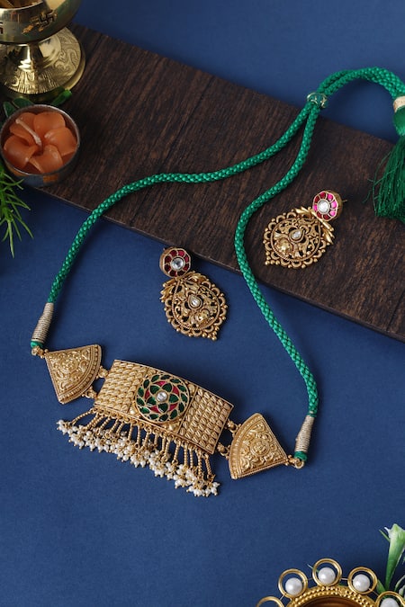 Mero Jewellery Gold Plated Zari Kundan Temple Choker Set 