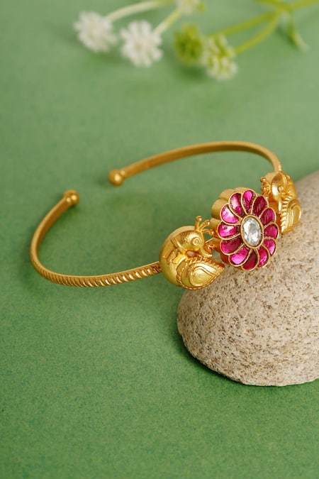 Mero Jewellery Gold Plated Pink Kundan Peacock Kada 