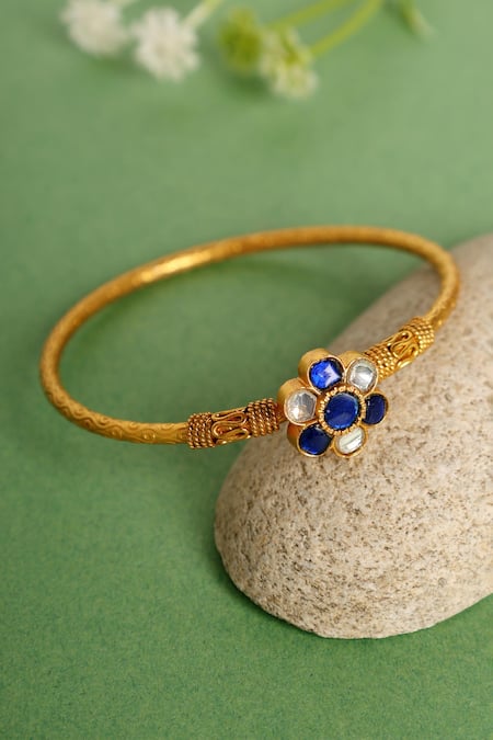 Mero Jewellery Gold Plated Blue Kundan Temple Kada 