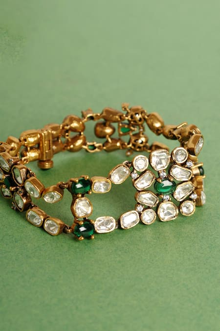 Mero Jewellery Gold Plated Imitation Diamonds Green Moissanite Finish Bracelet Online at Aza Fashions Mero Jewellery_Gold Plated Imitation Diamonds Green Moissanite Finish Bracelet _Online_at_Aza_Fashions