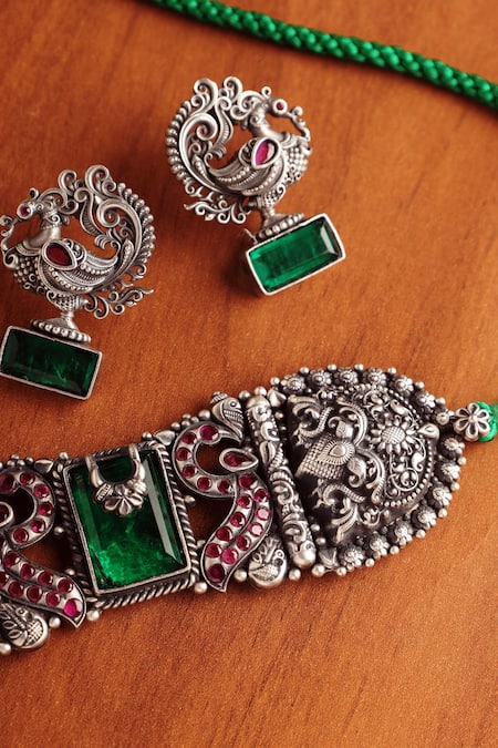 Mero Jewellery Green Temple Peacock Choker Set 