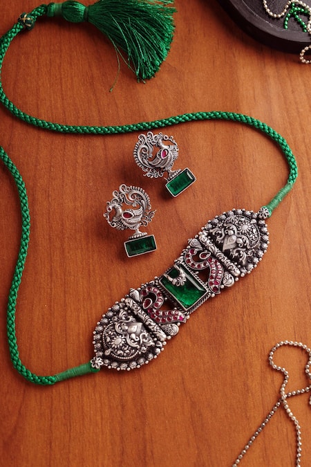 Mero Jewellery Green Stones, Temple Peacock Choker Set 