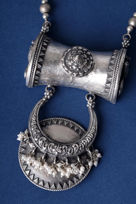 Mero Jewellery_Silver Plated Tribal Long Pendant Necklace Set _Online_at_Aza_Fashions
