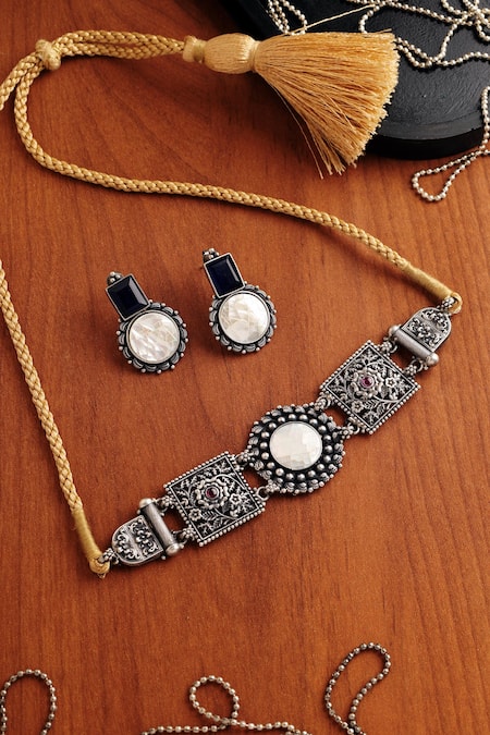 Mero Jewellery Blue Pearls, Stones Mother Of Temple Choker Set 