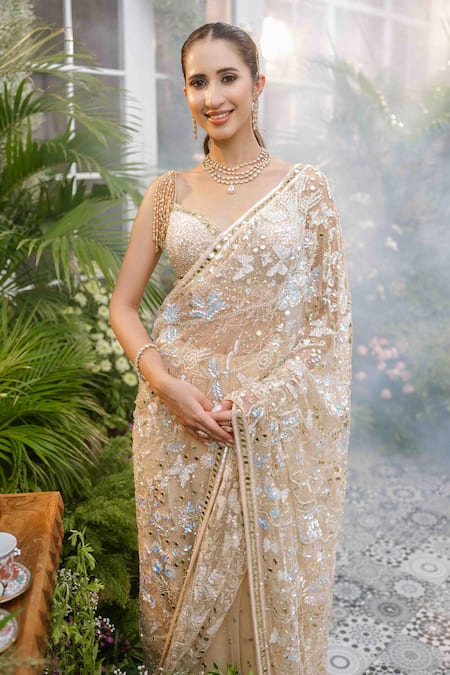 Buy_Tamaraa By Tahani_Beige Net Crystals, Sequins, Beads Aarohi Butterfly Saree With Blouse _Online_at_Aza_Fashions