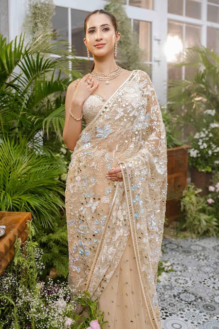 Buy_Tamaraa By Tahani_Beige Net Crystals, Sequins, Beads Aarohi Butterfly Saree With Blouse 