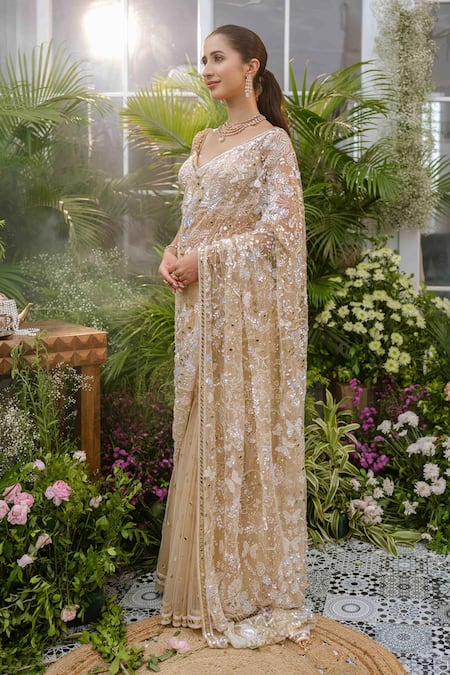 Shop_Tamaraa By Tahani_Beige Net Crystals, Sequins, Beads Aarohi Butterfly Saree With Blouse 