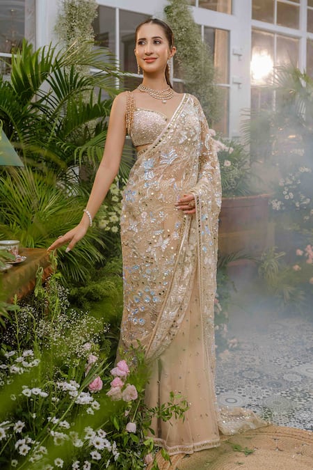 Tamaraa By Tahani Beige Net Crystals, Sequins, Beads Aarohi Butterfly Saree With Blouse