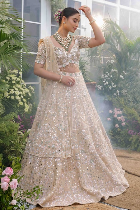 Tamaraa By Tahani_Beige Silk Crystals, Sequins, Beads, Pearls Nyra Garden Motif Bridal Lehenga Set _Online_at_Aza_Fashions