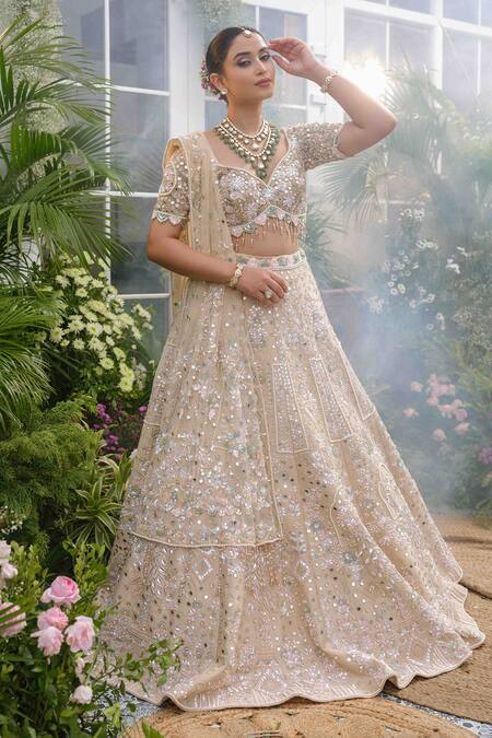 Buy_Tamaraa By Tahani_Beige Silk Crystals, Sequins, Beads, Pearls Nyra Garden Motif Bridal Lehenga Set _Online_at_Aza_Fashions