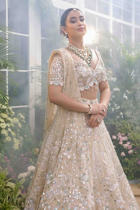 Shop_Tamaraa By Tahani_Beige Silk Crystals, Sequins, Beads, Pearls Nyra Garden Motif Bridal Lehenga Set _Online_at_Aza_Fashions