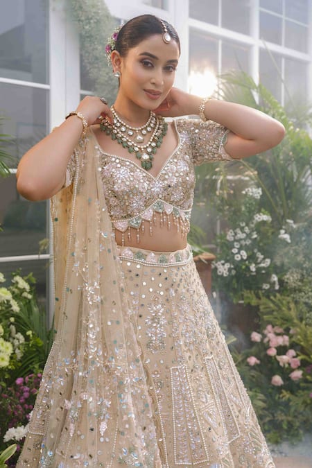 Tamaraa By Tahani_Beige Silk Crystals, Sequins, Beads, Pearls Nyra Garden Motif Bridal Lehenga Set _at_Aza_Fashions