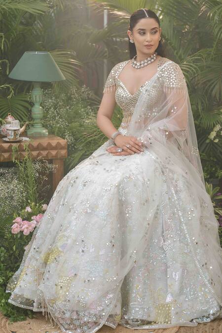 Tamaraa By Tahani_Blue Net, Silk Crystals, Sequins, Beads, Mirrors Kaira Ice Lehenga Set _Online_at_Aza_Fashions