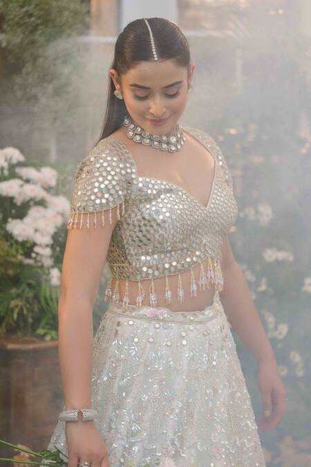 Buy_Tamaraa By Tahani_Blue Net, Silk Crystals, Sequins, Beads, Mirrors Kaira Ice Lehenga Set _Online_at_Aza_Fashions
