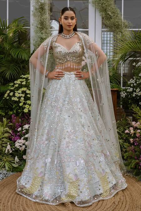 Shop_Tamaraa By Tahani_Blue Net, Silk Crystals, Sequins, Beads, Mirrors Kaira Ice Lehenga Set _Online_at_Aza_Fashions