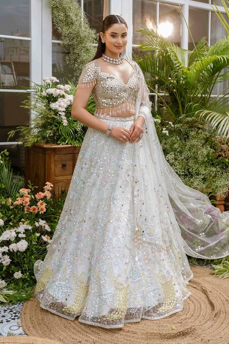 Tamaraa By Tahani_Blue Net, Silk Crystals, Sequins, Beads, Mirrors Kaira Ice Lehenga Set _at_Aza_Fashions