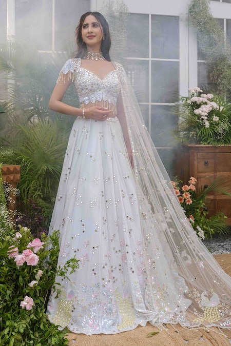 Shop_Tamaraa By Tahani_Blue Silk, Crepe Sequins, Beads, Crystals Sweetheart Avani Dewdrop Lehenga Set _Online_at_Aza_Fashions