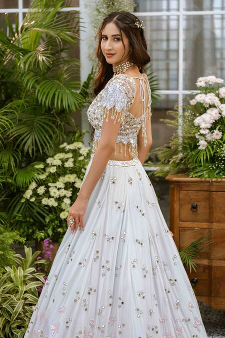 Tamaraa By Tahani_Blue Silk, Crepe Sequins, Beads, Crystals Sweetheart Avani Dewdrop Lehenga Set _at_Aza_Fashions