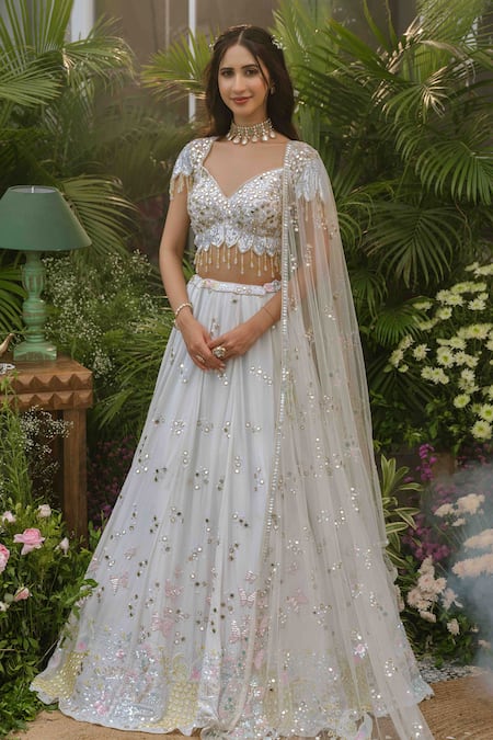 Buy_Tamaraa By Tahani_Blue Silk, Crepe Sequins, Beads, Crystals Sweetheart Avani Dewdrop Lehenga Set 