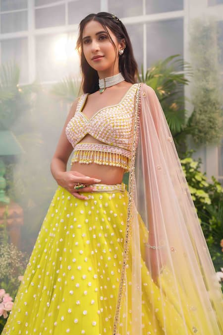Tamaraa By Tahani_Lime Net, Silk Sequins, Beads, Crystals, Pearls Naira 12 Kali Lehenga Set _Online_at_Aza_Fashions