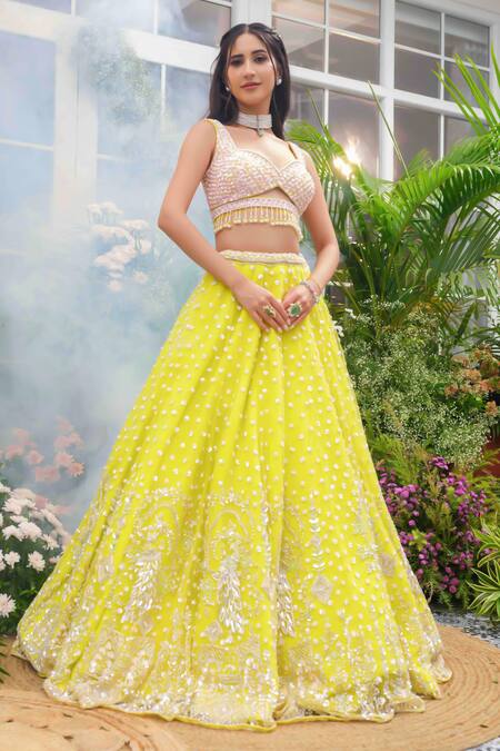 Buy_Tamaraa By Tahani_Lime Net, Silk Sequins, Beads, Crystals, Pearls Naira 12 Kali Lehenga Set _Online_at_Aza_Fashions