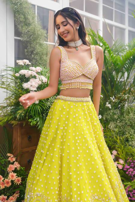 Shop_Tamaraa By Tahani_Lime Net, Silk Sequins, Beads, Crystals, Pearls Naira 12 Kali Lehenga Set _Online_at_Aza_Fashions