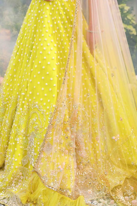 Tamaraa By Tahani_Lime Net, Silk Sequins, Beads, Crystals, Pearls Naira 12 Kali Lehenga Set _at_Aza_Fashions