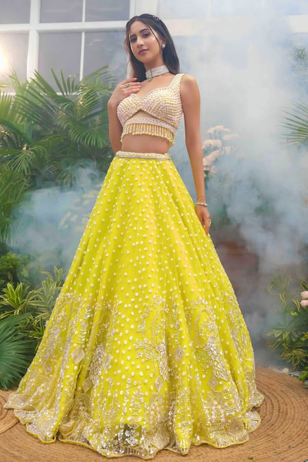 Buy_Tamaraa By Tahani_Lime Net, Silk Sequins, Beads, Crystals, Pearls Naira 12 Kali Lehenga Set 