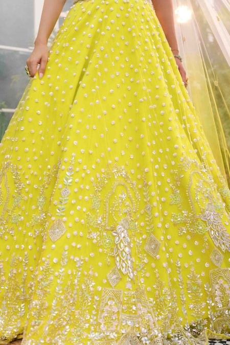 Shop_Tamaraa By Tahani_Lime Net, Silk Sequins, Beads, Crystals, Pearls Naira 12 Kali Lehenga Set 