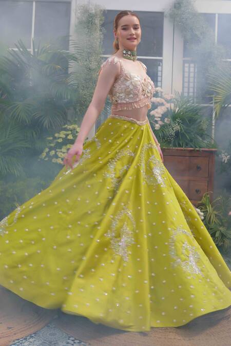 Tamaraa By Tahani_Green Taffeta, Silk, Net Crystals, Beads, Aurelia Peacock Bloom Lehenga Set _Online_at_Aza_Fashions