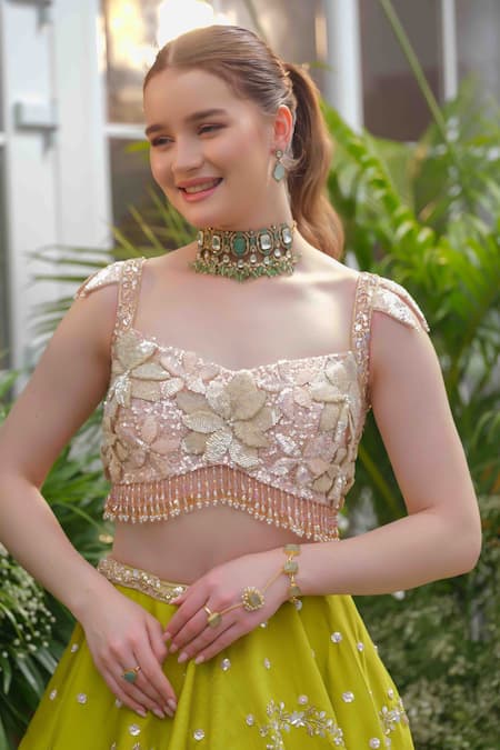 Buy_Tamaraa By Tahani_Green Taffeta, Silk, Net Crystals, Beads, Aurelia Peacock Bloom Lehenga Set _Online_at_Aza_Fashions