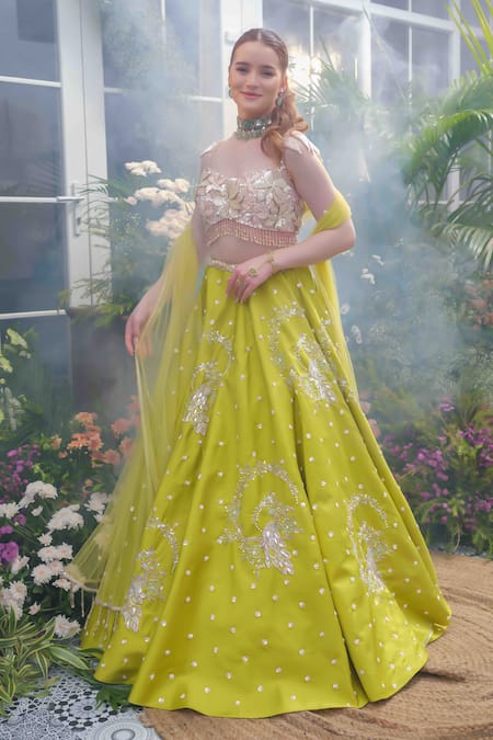 Shop_Tamaraa By Tahani_Green Taffeta, Silk, Net Crystals, Beads, Aurelia Peacock Bloom Lehenga Set _Online_at_Aza_Fashions