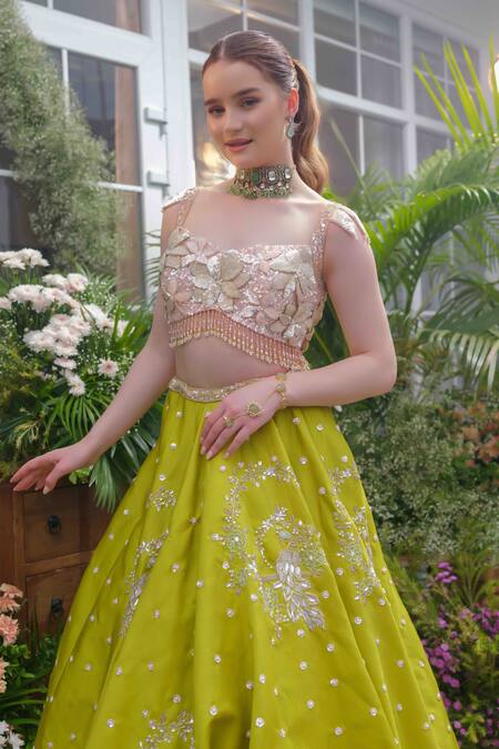 Tamaraa By Tahani_Green Taffeta, Silk, Net Crystals, Beads, Aurelia Peacock Bloom Lehenga Set _at_Aza_Fashions