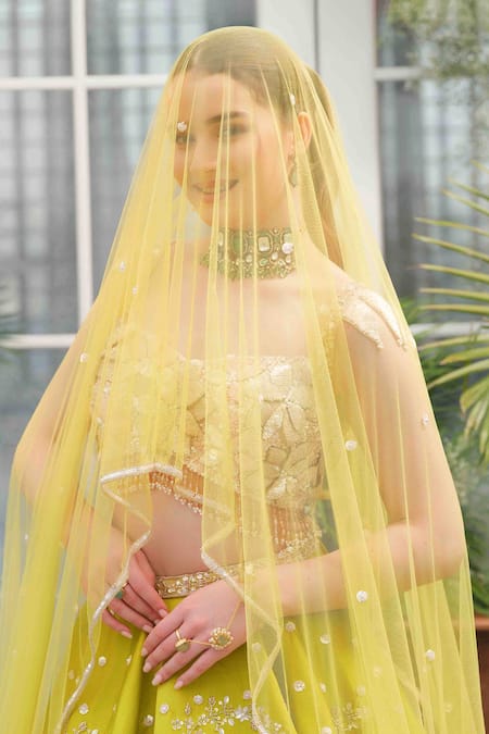 Buy_Tamaraa By Tahani_Green Taffeta, Silk, Net Crystals, Beads, Aurelia Peacock Bloom Lehenga Set 