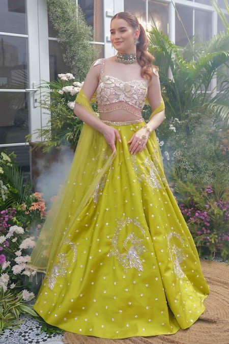Tamaraa By Tahani Green Taffeta, Silk, Net Crystals, Beads, Aurelia Peacock Bloom Lehenga Set 