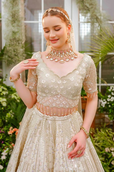 Tamaraa By Tahani_Ivory Silk, Net Crystals, Sequins, Beads Arisa Garden 12 Kali Lehenga Set _Online_at_Aza_Fashions