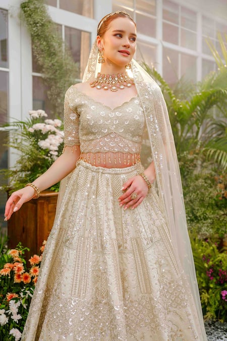 Buy_Tamaraa By Tahani_Ivory Silk, Net Crystals, Sequins, Beads Arisa Garden 12 Kali Lehenga Set _Online_at_Aza_Fashions