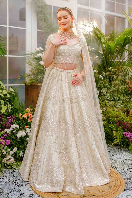 Tamaraa By Tahani_Ivory Silk, Net Crystals, Sequins, Beads Arisa Garden 12 Kali Lehenga Set _at_Aza_Fashions