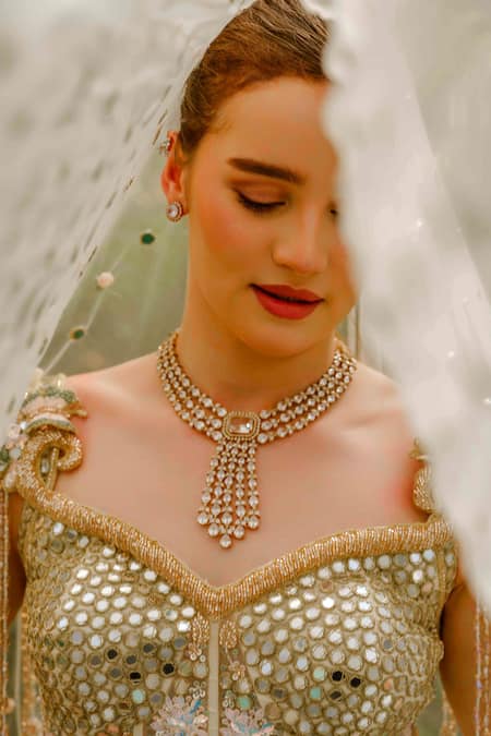 Tamaraa By Tahani_Ivory Tulle, Taffeta, Silk Sequins, Beads, Freya Peacock Mermaid Lehenga Set _Online_at_Aza_Fashions