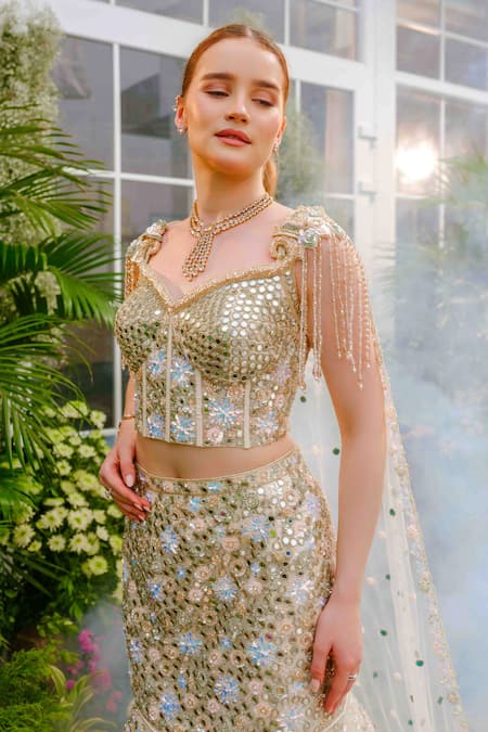 Shop_Tamaraa By Tahani_Ivory Tulle, Taffeta, Silk Sequins, Beads, Freya Peacock Mermaid Lehenga Set _Online_at_Aza_Fashions