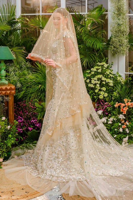 Tamaraa By Tahani_Ivory Tulle, Taffeta, Silk Sequins, Beads, Freya Peacock Mermaid Lehenga Set _at_Aza_Fashions