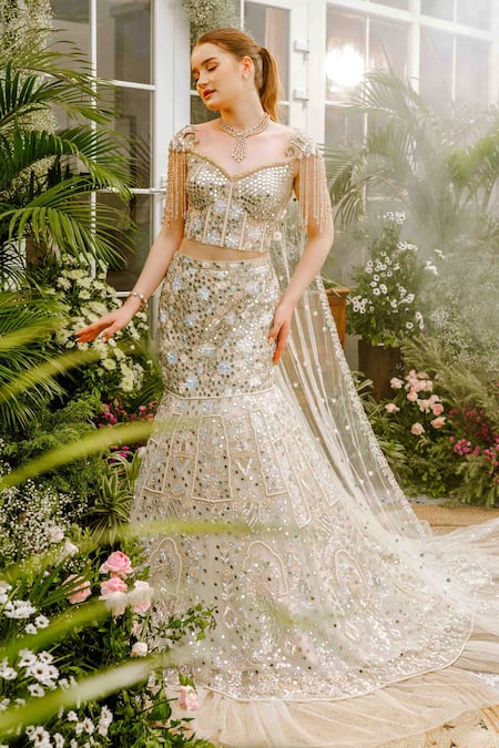 Buy_Tamaraa By Tahani_Ivory Tulle, Taffeta, Silk Sequins, Beads, Freya Peacock Mermaid Lehenga Set 