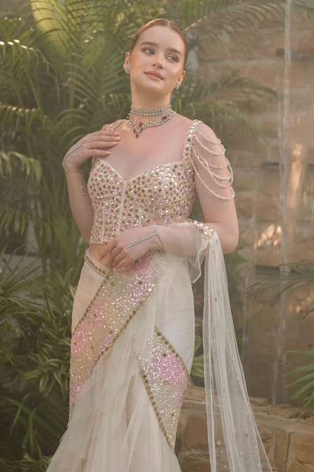 Tamaraa By Tahani_Ivory Net, Silk, Crepe Crystals, Aalaya Flow Pre-draped Saree With Corset _Online_at_Aza_Fashions