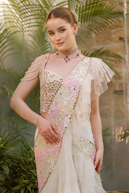 Buy_Tamaraa By Tahani_Ivory Net, Silk, Crepe Crystals, Aalaya Flow Pre-draped Saree With Corset _Online_at_Aza_Fashions