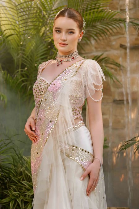 Shop_Tamaraa By Tahani_Ivory Net, Silk, Crepe Crystals, Aalaya Flow Pre-draped Saree With Corset _Online_at_Aza_Fashions