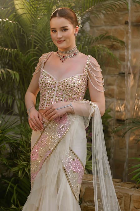 Tamaraa By Tahani_Ivory Net, Silk, Crepe Crystals, Aalaya Flow Pre-draped Saree With Corset _at_Aza_Fashions