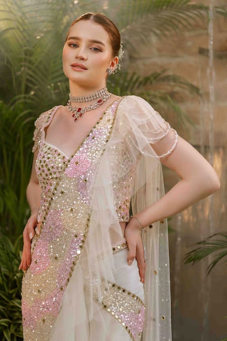 Buy_Tamaraa By Tahani_Ivory Net, Silk, Crepe Crystals, Aalaya Flow Pre-draped Saree With Corset 