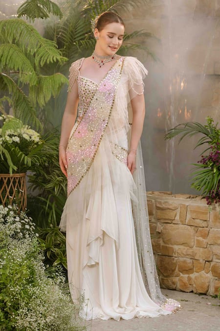 Tamaraa By Tahani Ivory Net, Silk, Crepe Crystals, Aalaya Flow Pre-draped Saree With Corset 